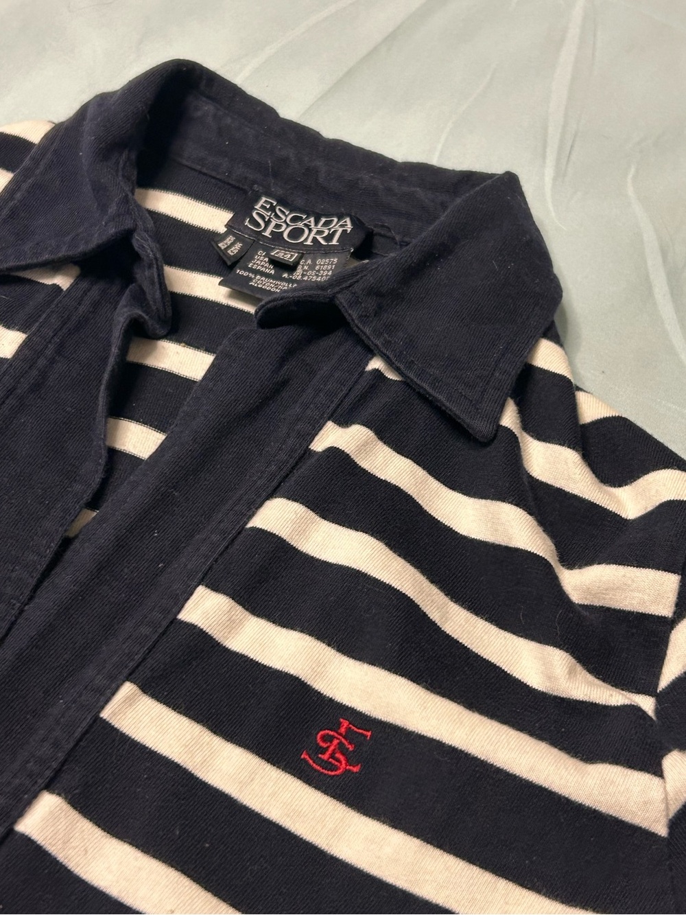 Escada Striped Navy and Cream Polo with Red Logo